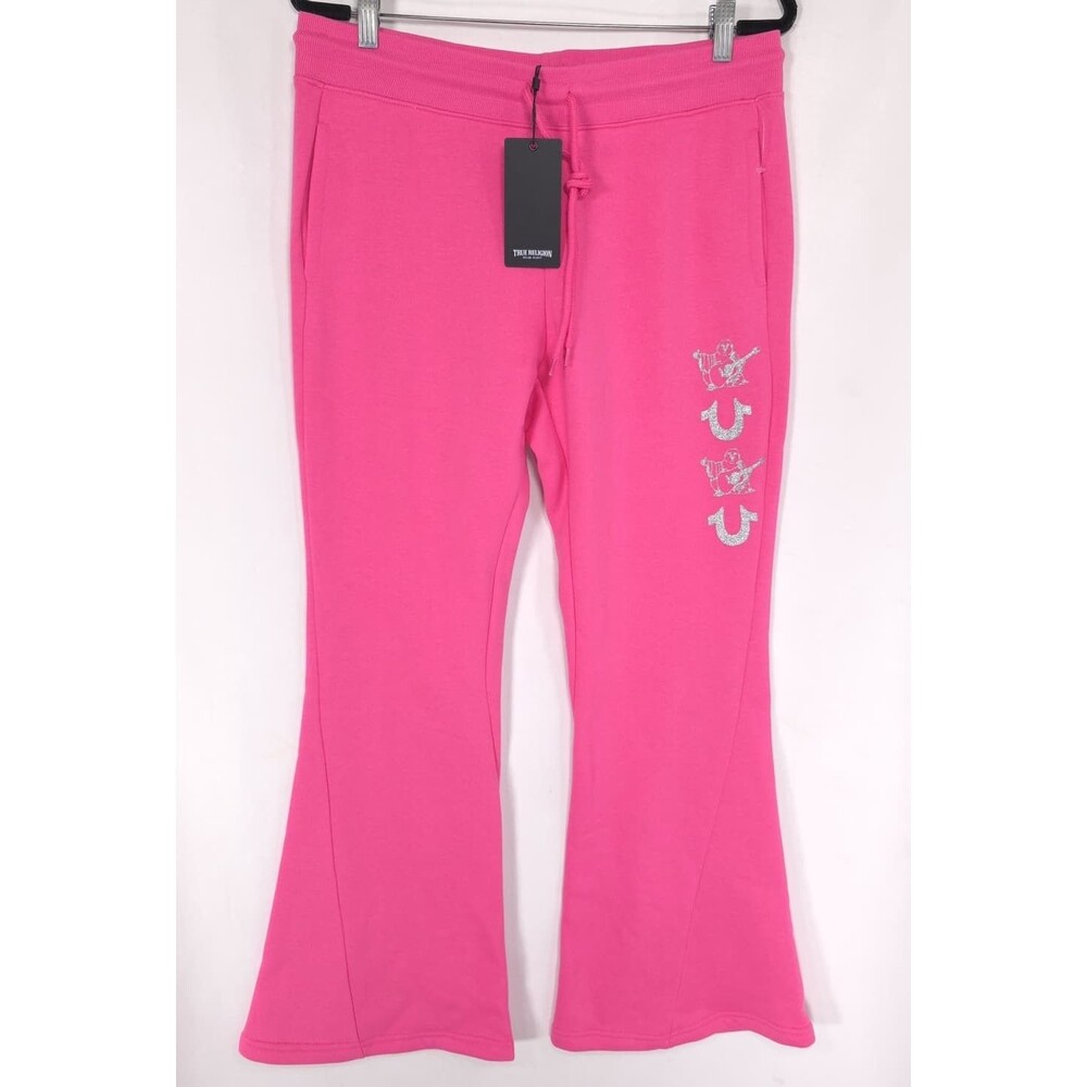 TRUE RELIGION Women MEDIUM New Sweatpants Pink Alternating Twisted Flare Bootcut